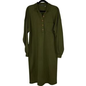 Midi Shirt Dress Collared Shift Double Knit Long Sleeve Olive Green Size L